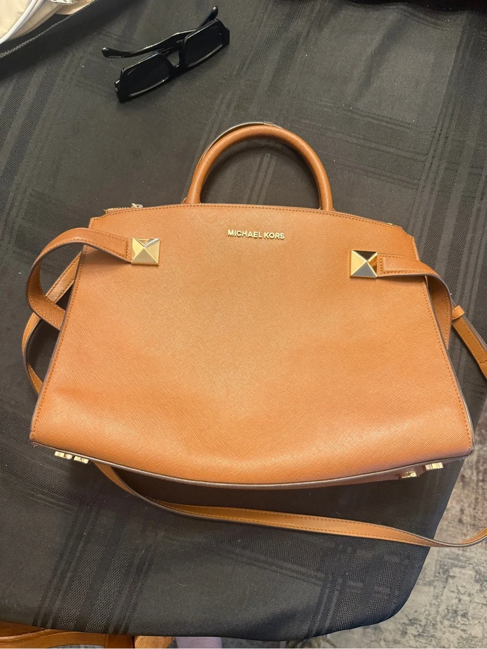 Michael Kors Cognac Saffiano Leather Satchel with Gold Accents